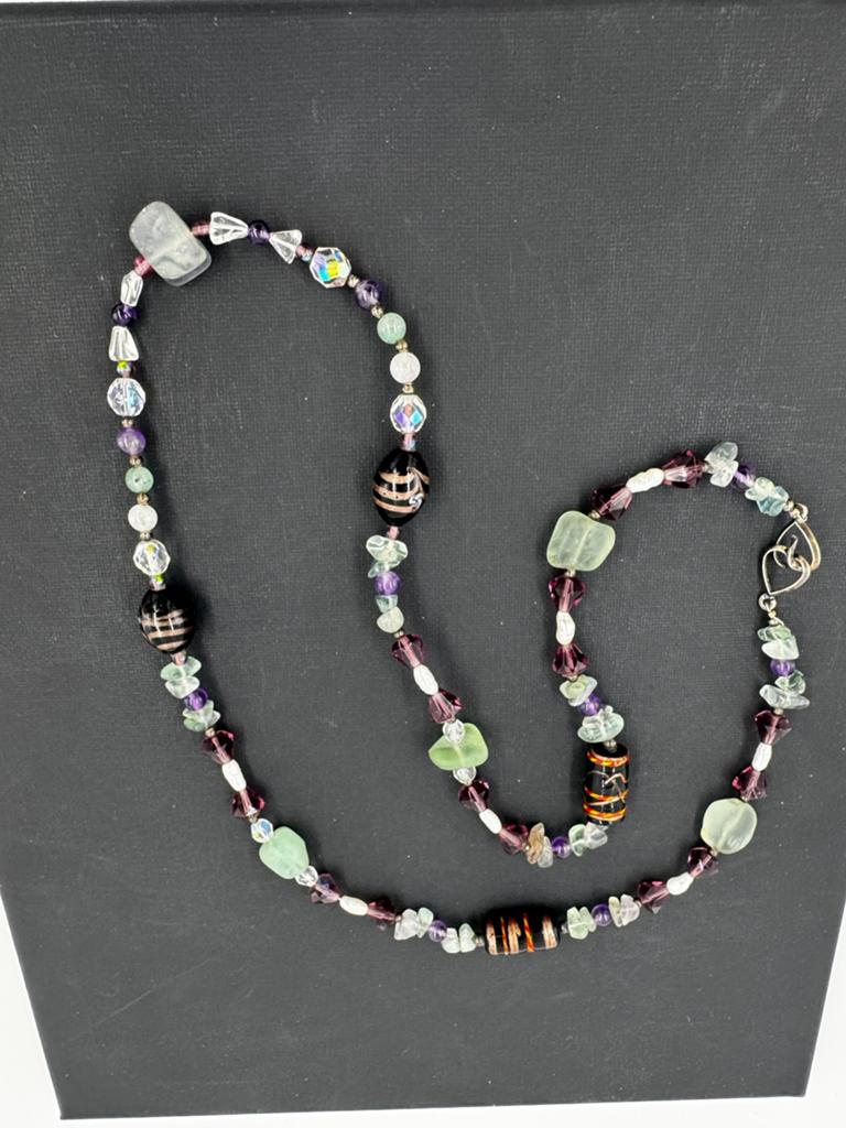 Handgemaakte kralenketting met paars groen glas kralen set, Ophalen of Verzenden, Zo goed als nieuw, Groen, Overige materialen
