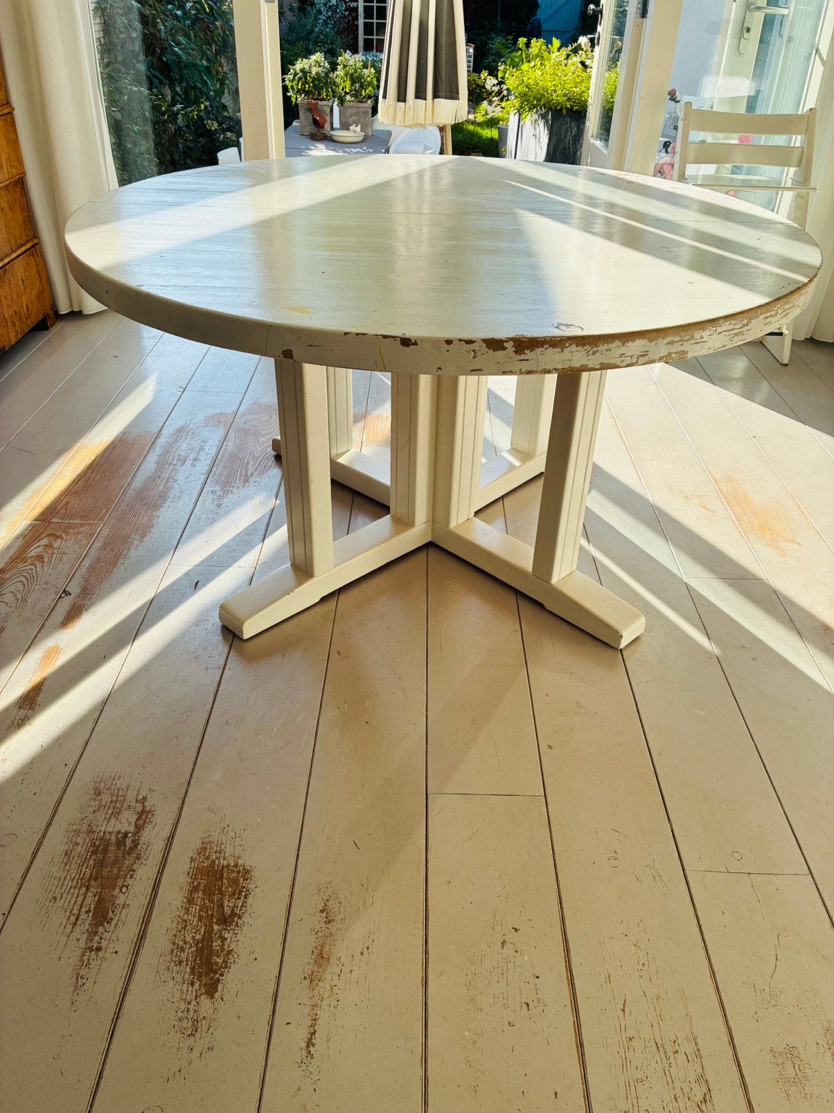 Ronde eettafel 140 diameter, uitschuifbaar, Huis en Inrichting, Ophalen, Gebruikt, Rond, Vijf personen of meer