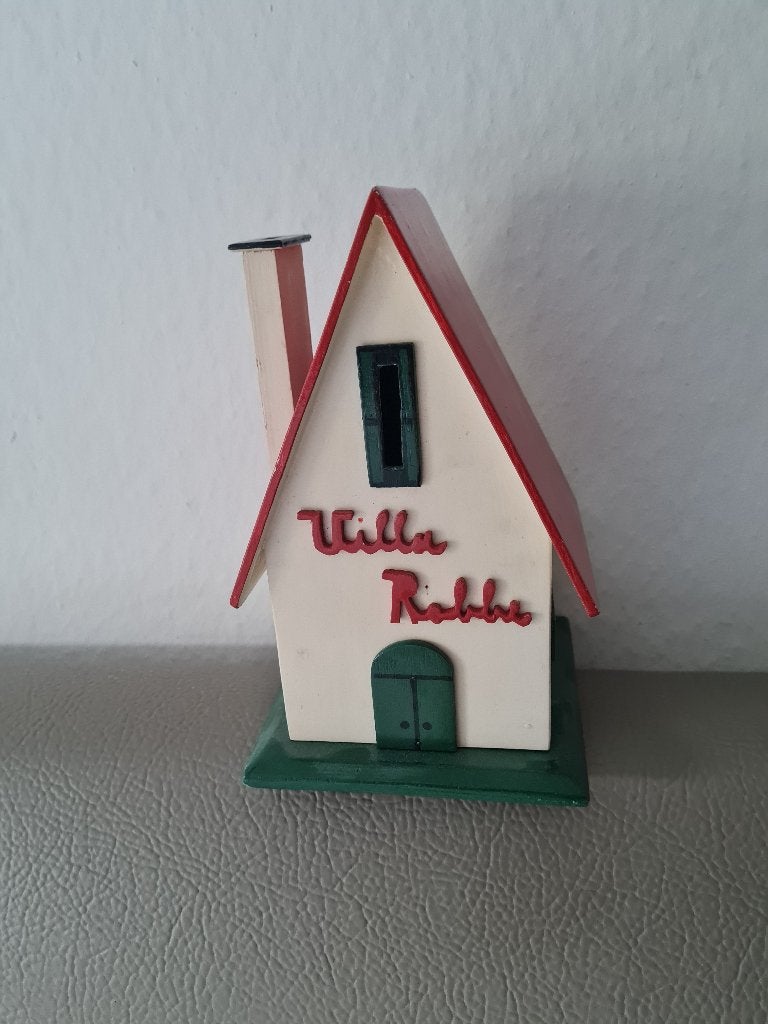 vintage houten spaarpot - huis - villa ROBBE, Ophalen of Verzenden, Metaal of Blik