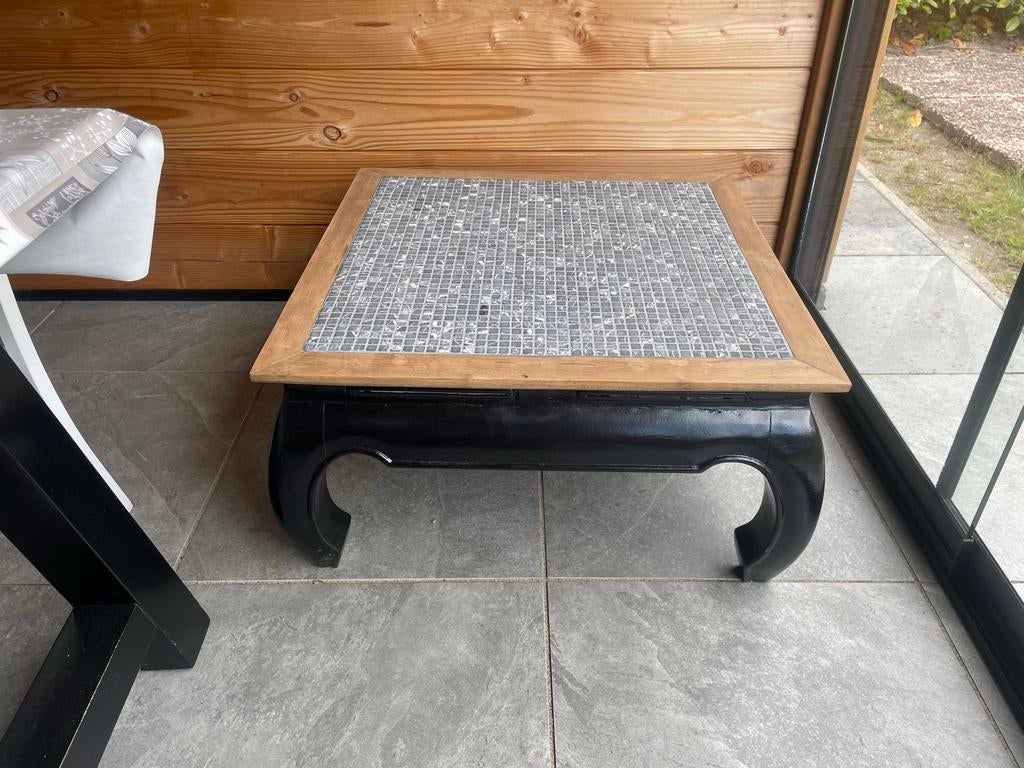 Teakhouten mozaïek salontafel – 80x80 cm– topstaat, Ophalen, 50 tot 100 cm, 50 tot 100 cm, Zo goed als nieuw