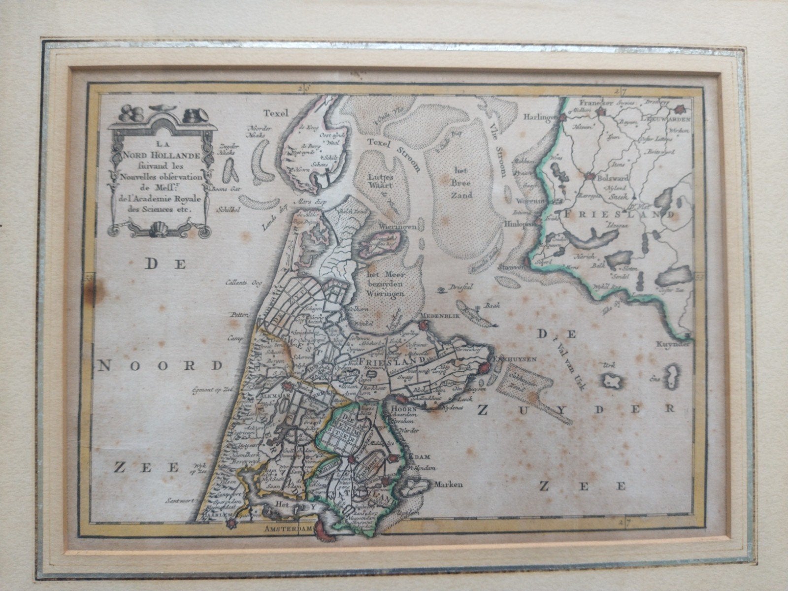 Antieke kaart 1750  Noord-Holland en Friesland, ingelijst, Boeken, Atlassen en Landkaarten, Voor 1800, Ophalen of Verzenden, Landkaart
