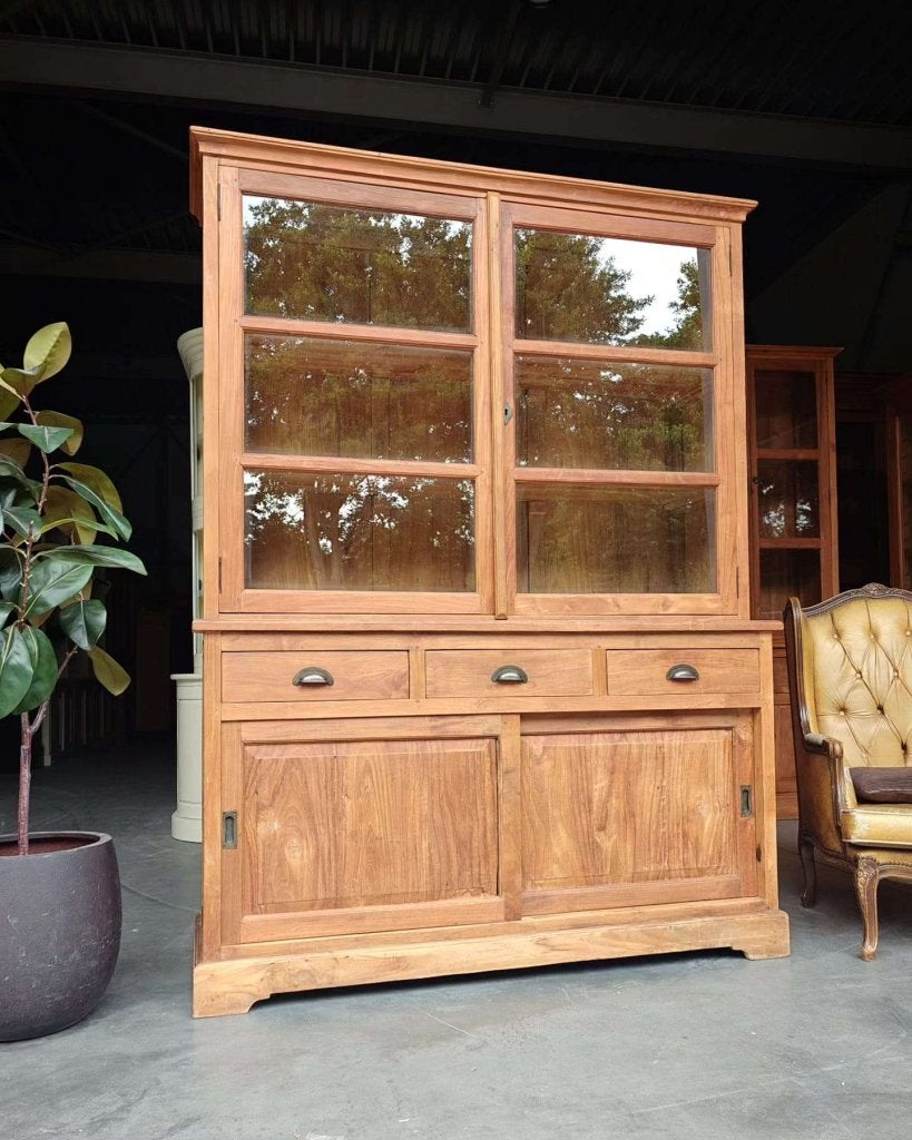 Teakhouten buffetkast | Vitrinekast | Servieskast #0694, Glas, Gebruikt, Met deur(en), -