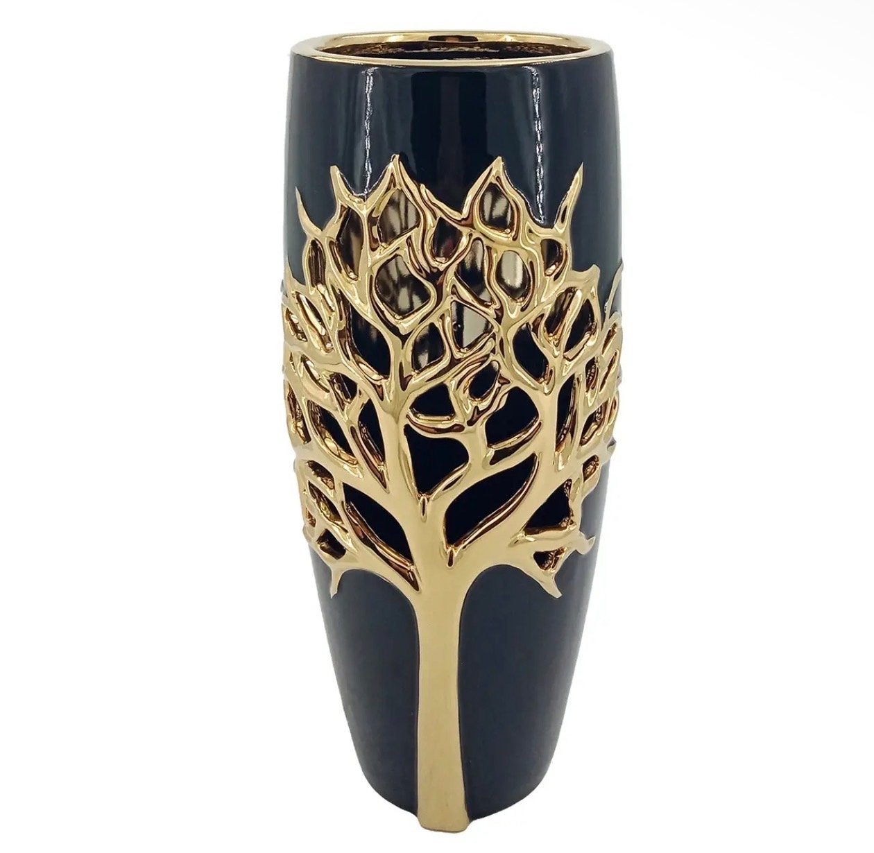 Elegante zwarte vaas met gouden boomdecoratie, Huis en Inrichting, Woonaccessoires | Vazen, Ophalen of Verzenden, Zo goed als nieuw