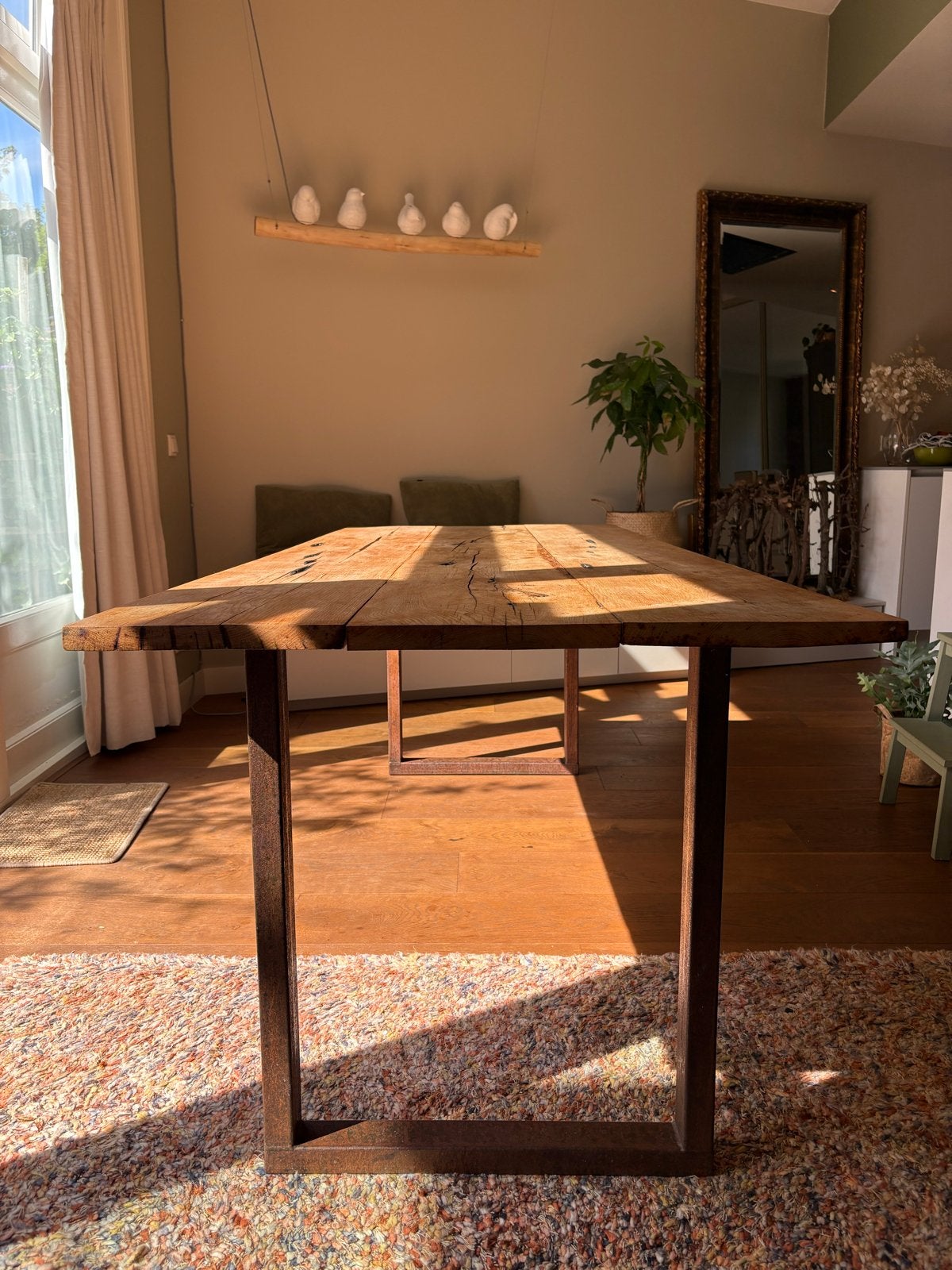 Robuuste eettafel, eikenhout met metalen onderstel (220*87), Ophalen, Gebruikt, Eikenhout, 50 tot 100 cm