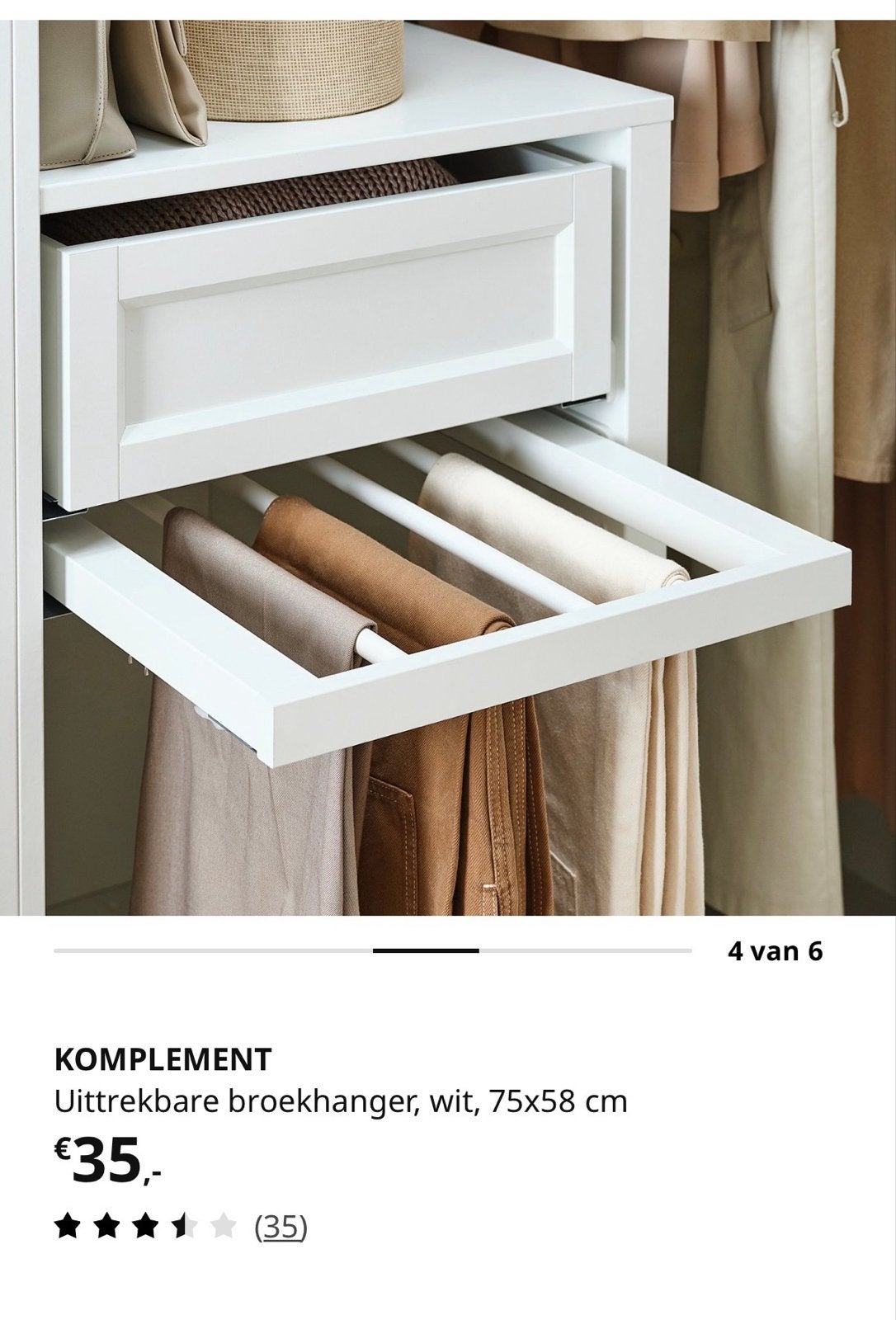 IKEA KOMPLEMENT Uittrekbare broekhanger wit 75x58 cm, Overige materialen, Zo goed als nieuw, Minder dan 100 cm, 50 tot 75 cm