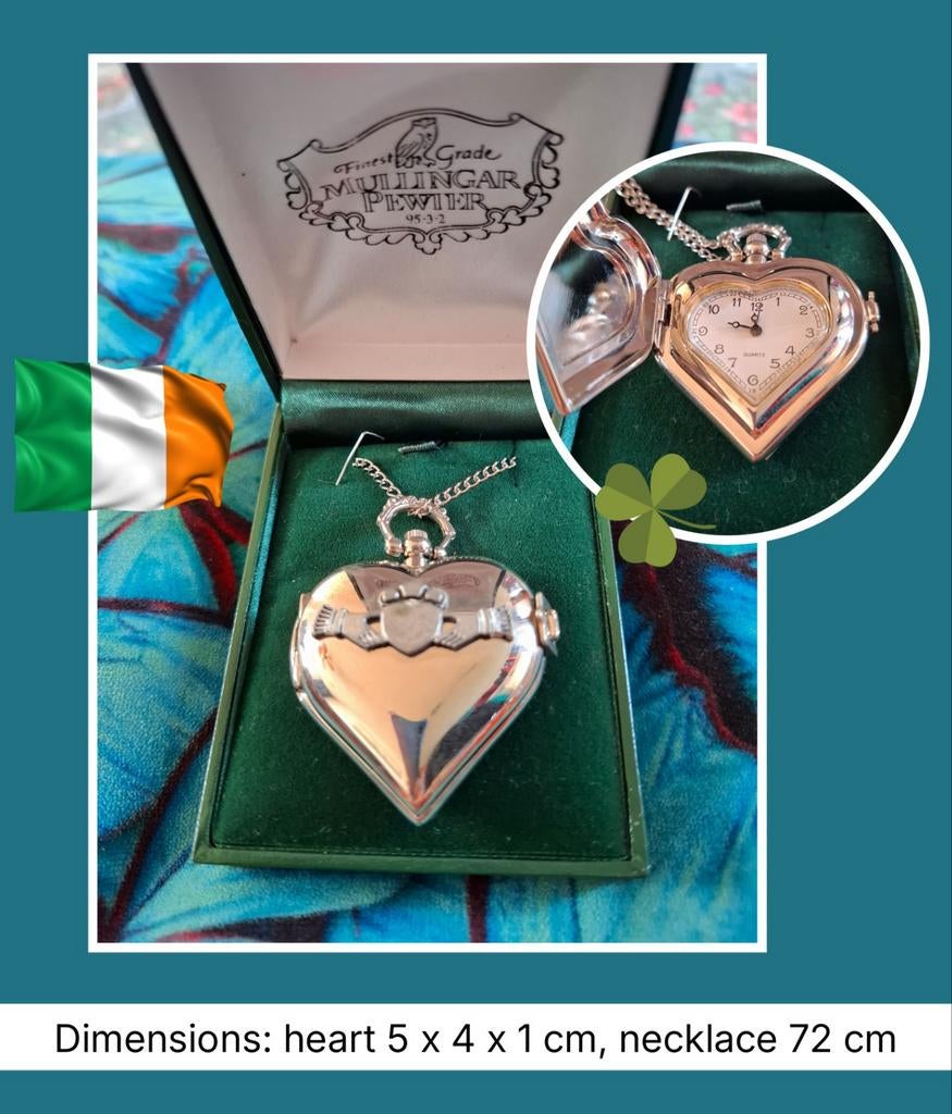 Horloge medaillon in hartvorm, Mullingar Pewter, Sieraden, Tassen en Uiterlijk, Verzenden, Zo goed als nieuw, Zilver, Overige materialen