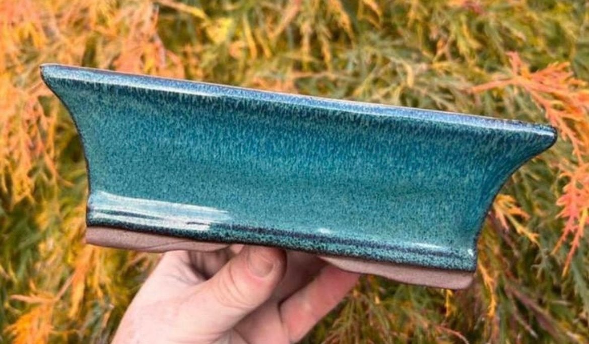 Bonsai schaal Turquoise geglazuurd aardewerk 18,9x13,3x6,2, Ophalen, Zo goed als nieuw, Aardewerk, Rechthoekig