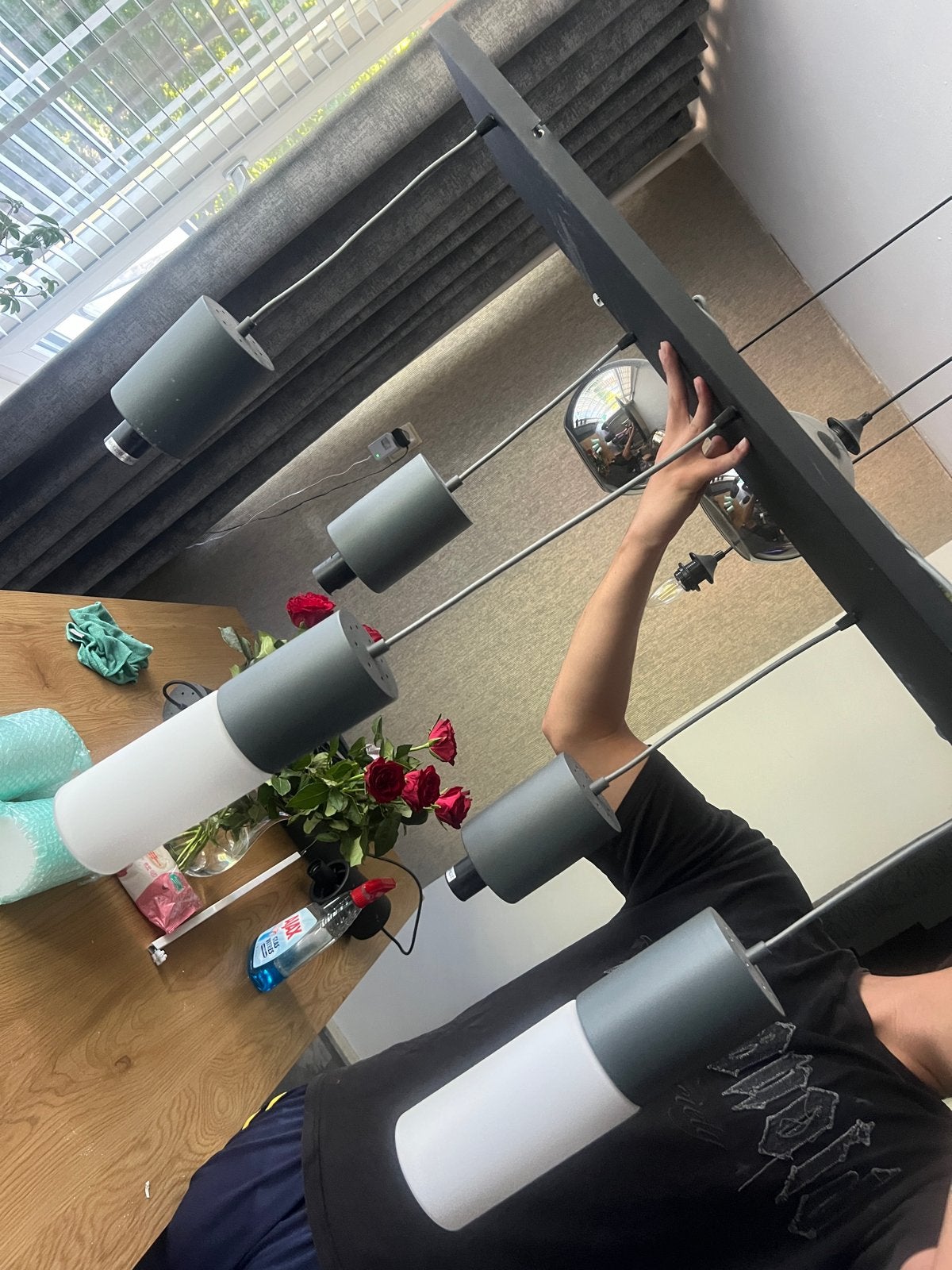 Moderne hanglamp met 5 cilinder lampen, zwart/wit, Huis en Inrichting, Ophalen of Verzenden, Zo goed als nieuw, Metaal, E27 (groot)