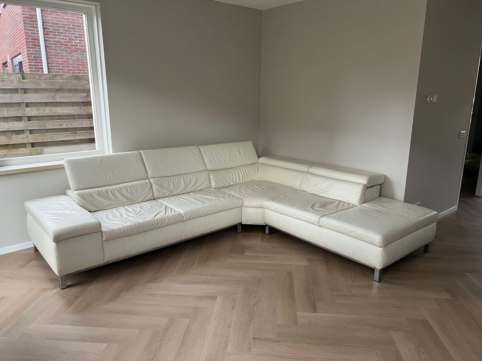Witte Leren Hoekbank - 310x260cm - Volledig Gereinigd, Ophalen, Gebruikt, Hoekbank, 300 cm of meer