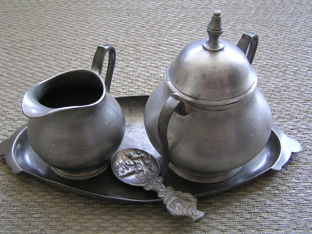 Tinnen suiker- en melkset met suikerschep., Antiek en Kunst, Antiek | Tin, Ophalen of Verzenden