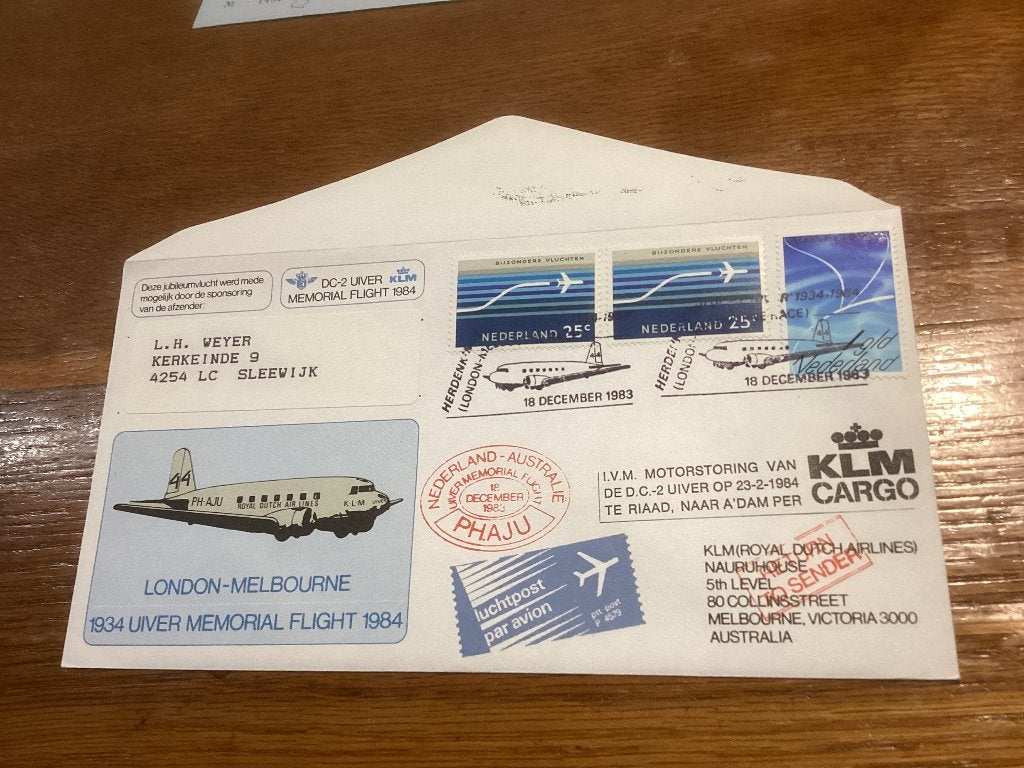 No4970 Uiver memorial flight 1984 18-12-1983 gelopen Nederl, Postzegels en Munten, Ophalen, Beschreven, Nederland