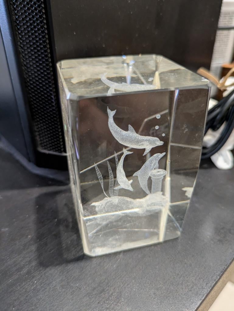 Glazen decoratieblok met dolfijnen, Ophalen of Verzenden