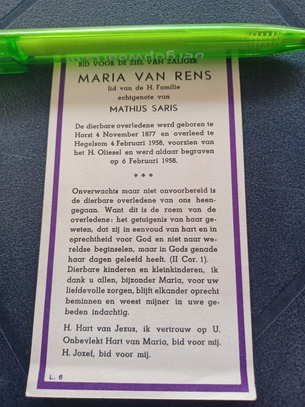 Bidprentje Horst Hegelsom Maria van Rens 1877 1958, Ophalen, Bidprentje