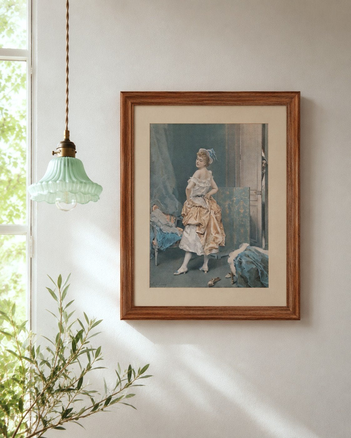 Vintage kunstwerk in houten lijst met echt glas, Antiek en Kunst, Ophalen