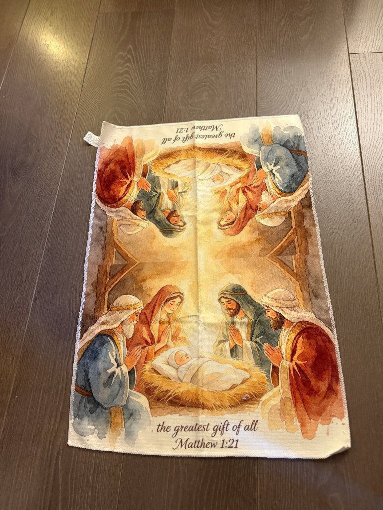 Kerststal Handdoek - The Greatest Gift of All  Mattheus 1:21, Met decoratie, Meerkleurig, Nieuw, Textiel overig