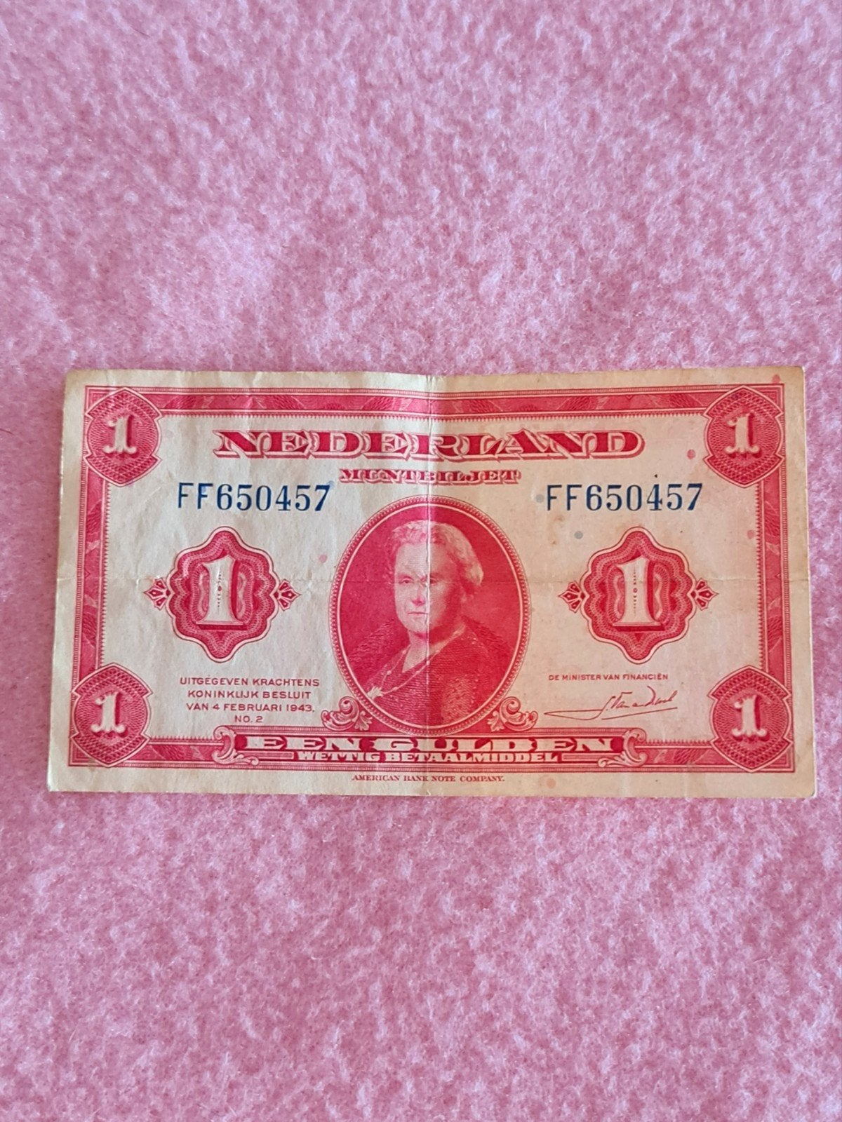 Muntbiljet van 1 gulden uit 1943 - A24, Ophalen of Verzenden, 1 gulden, Los biljet