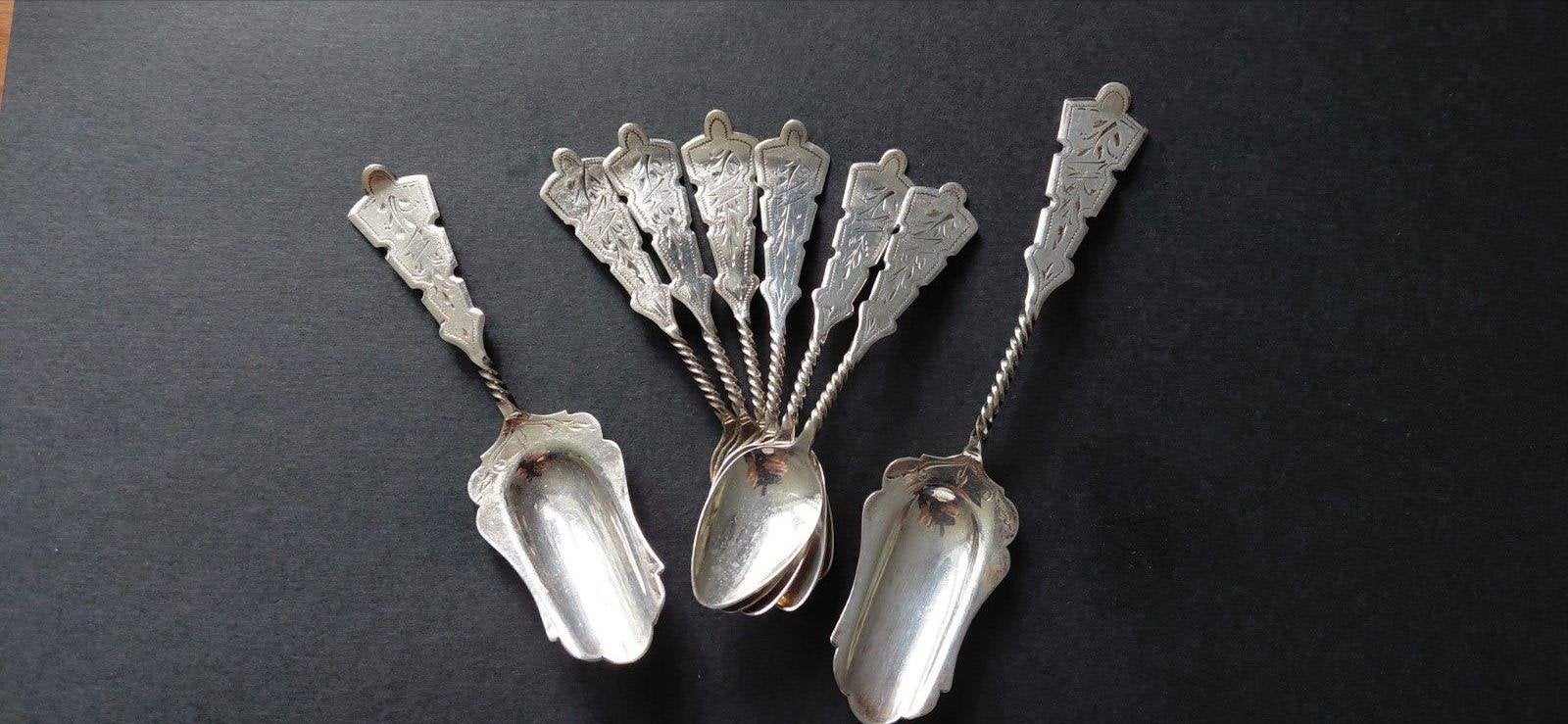 Prachtig setje van 6 borrellepeltjes, thee- en suikerschepje, Verzenden, Zilver