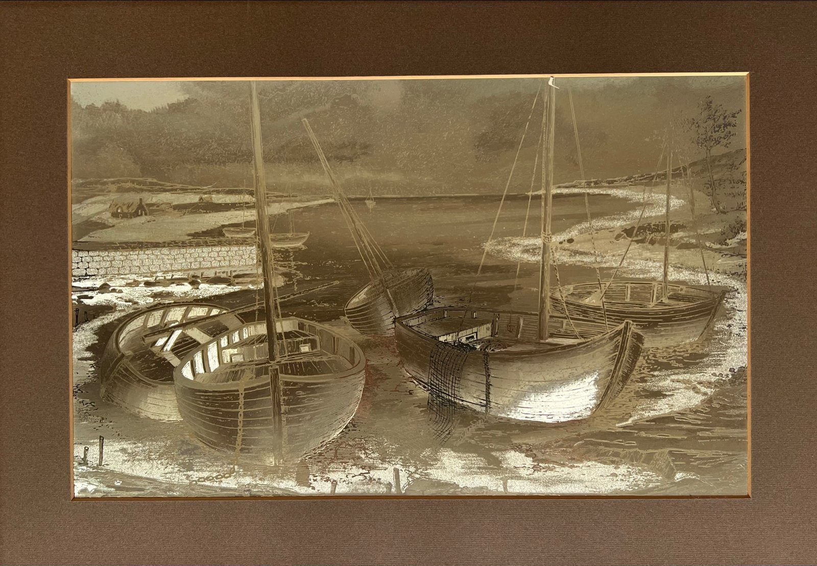 Twee koper gravures van boten en een landschap, Antiek en Kunst, Ophalen