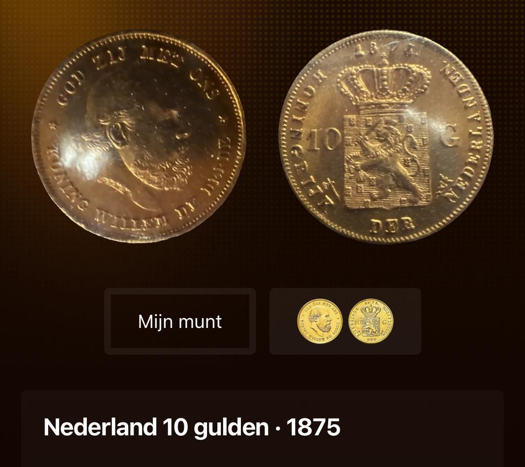 Zeldzame Nederlandse 10 Gulden Munt 1875 Koning Willem III, Koning Willem III, Losse munt, 10 gulden, Goud