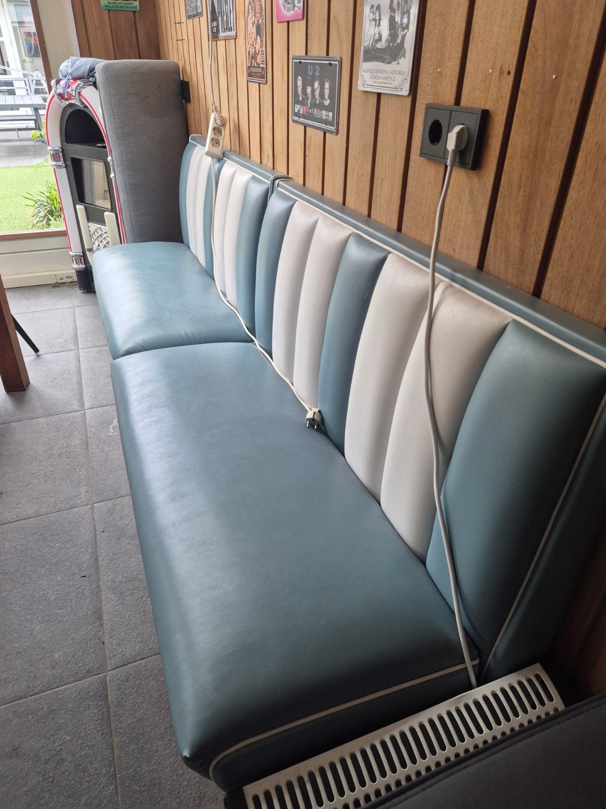 2 Vintage Diner Bankstel Bel-air - Blauw/Wit gestreept, Ophalen, Gebruikt, Retro, Diner, Jaren '50, 75 tot 100 cm