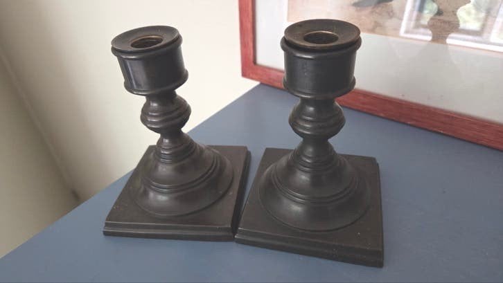 Paar Vintage metalen kandelaars, Ophalen of Verzenden