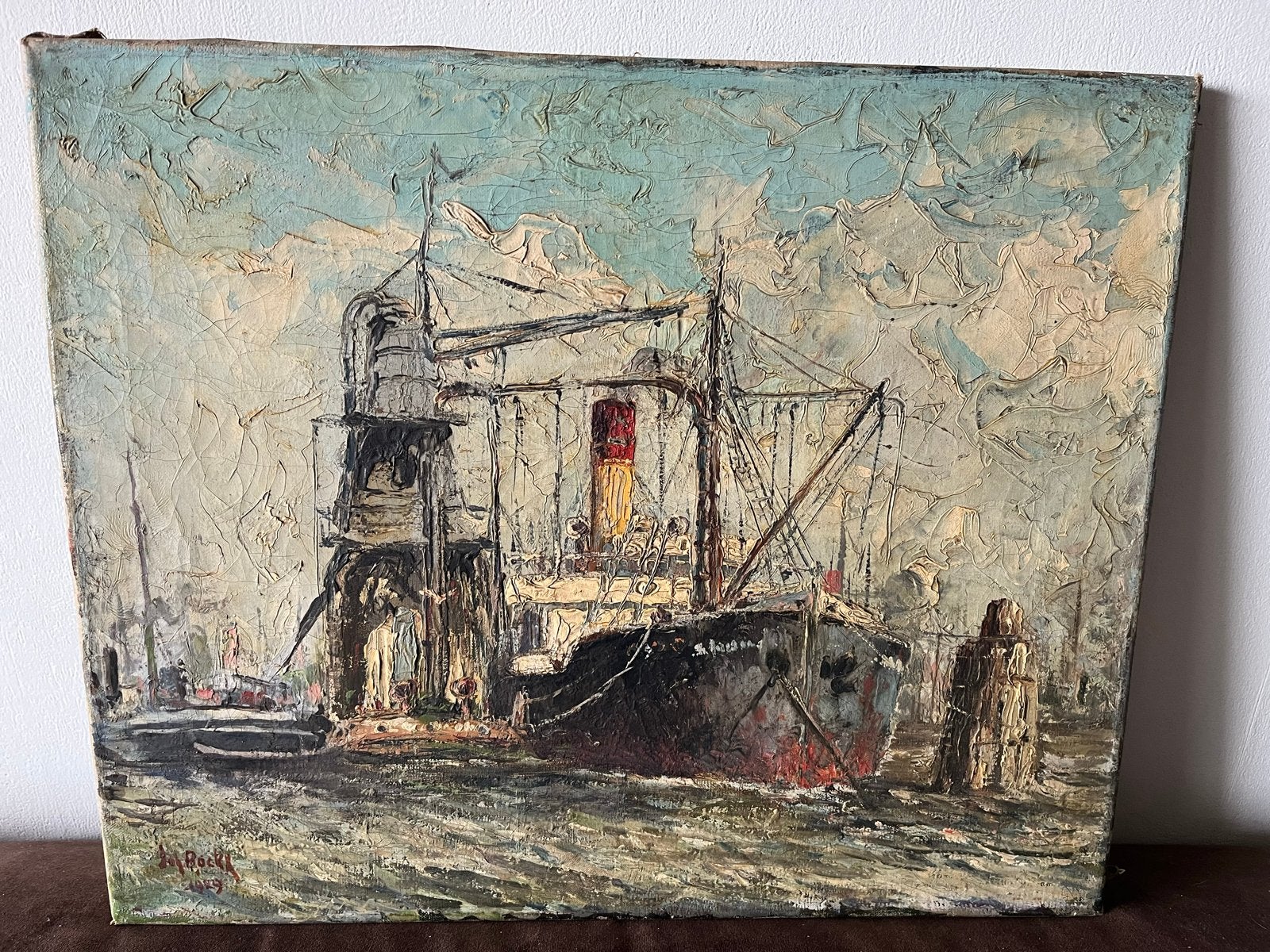 Olieverfschilderij van haven met schip, Maritiem / water, Doek, Expressionistisch, Ophalen of Verzenden