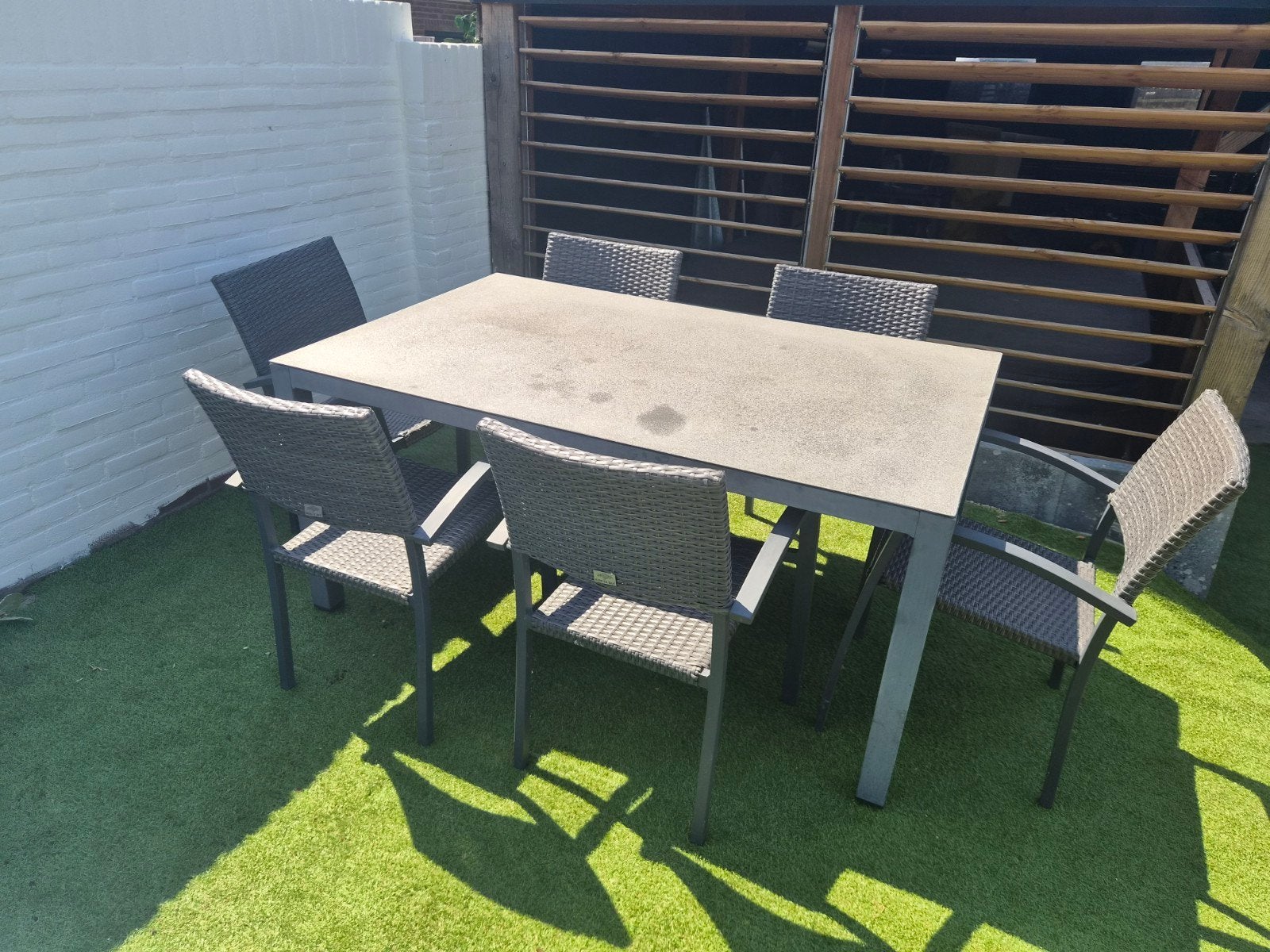 antraciet kleurige tuintafel met 6 stoelen, Ophalen, Gebruikt, 6 zitplaatsen, Aluminium