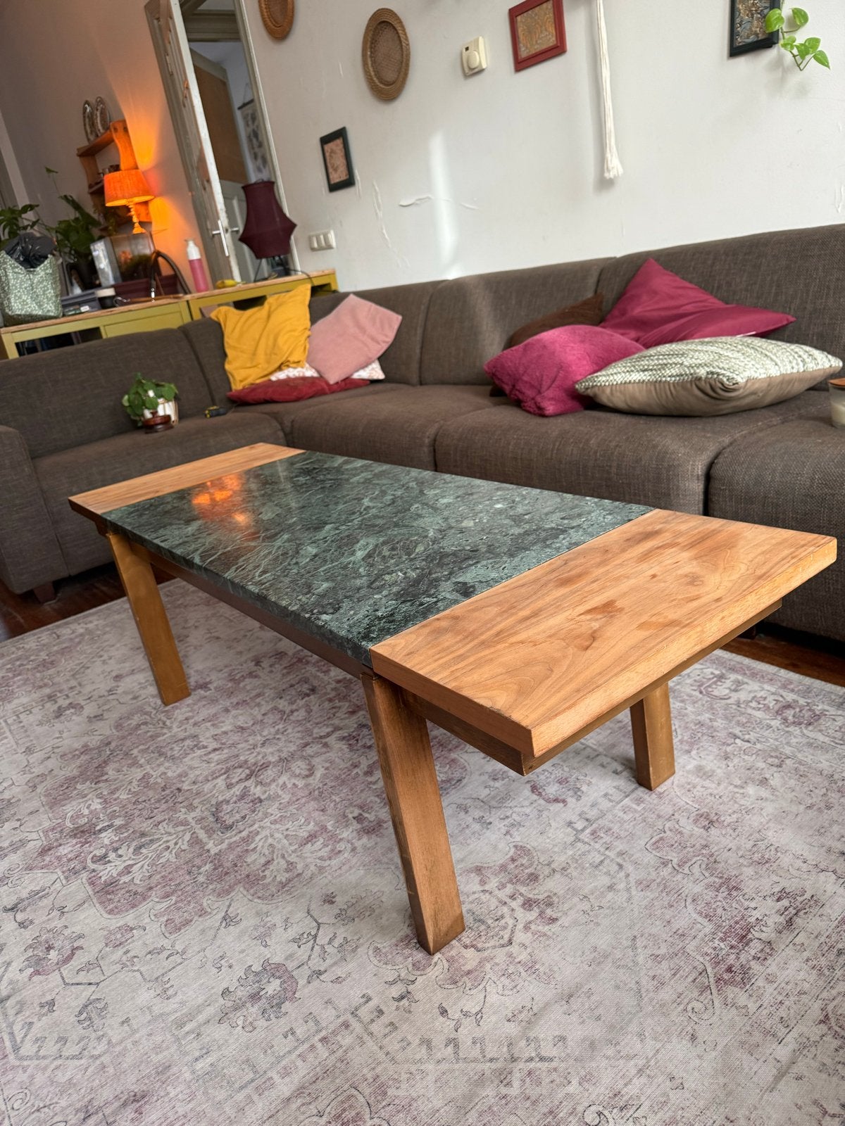 Vintage Marmer Houten Salontafel - Opknapper, Gebruikt, 100 tot 150 cm, Ophalen of Verzenden, Minder dan 50 cm