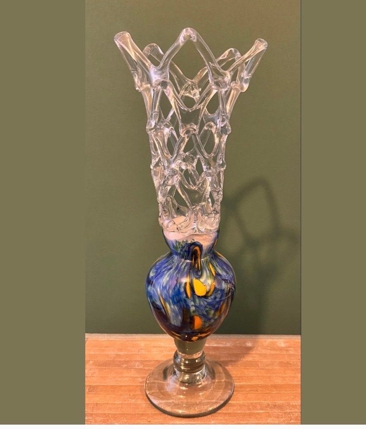 Unieke glazen vaas van Glashütte Monschau (D), Ophalen of Verzenden, Handgemaakt, Blauw