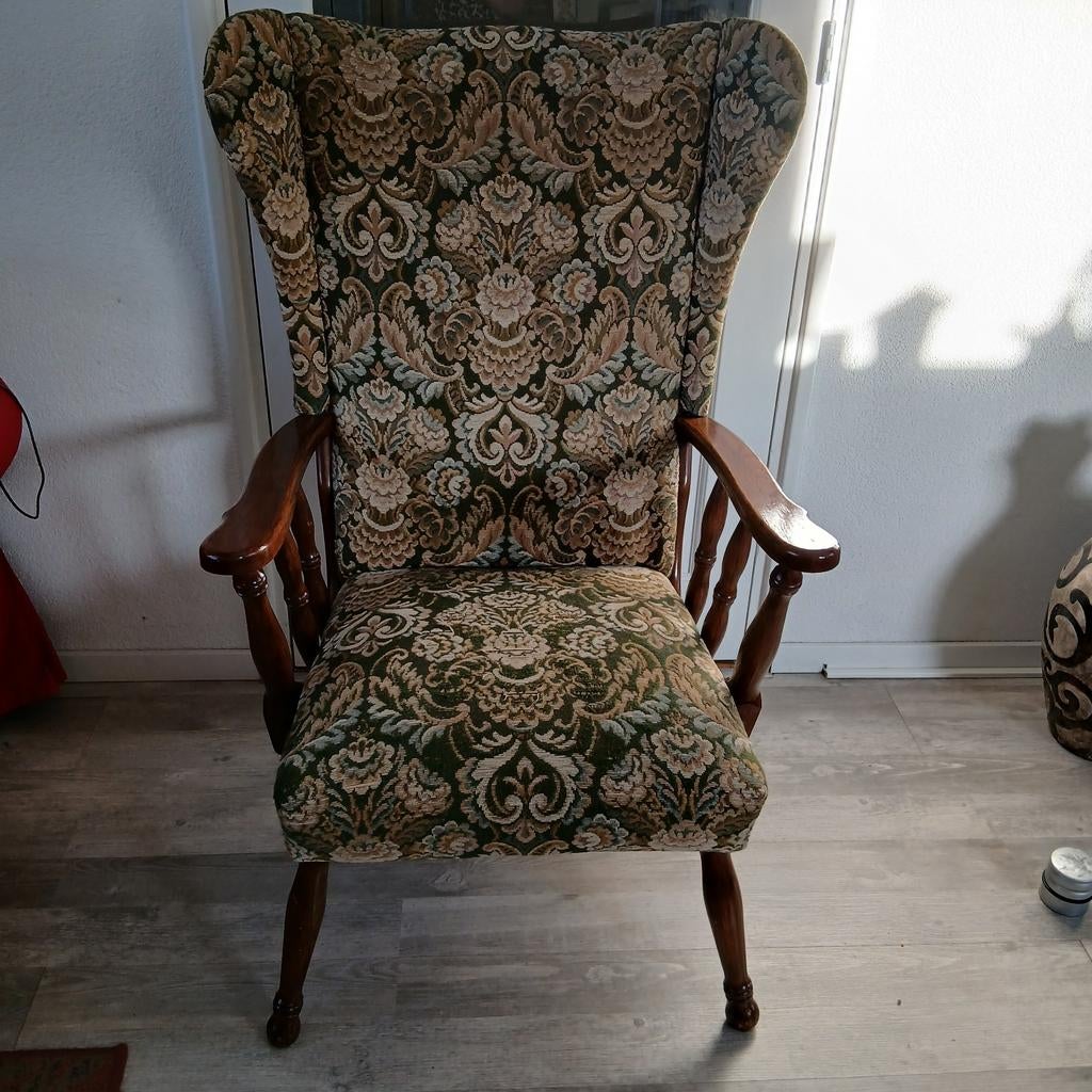 Vintage oorfauteuil, Huis en Inrichting, Stoelen, Ophalen, Gebruikt, Bruin, Vintage