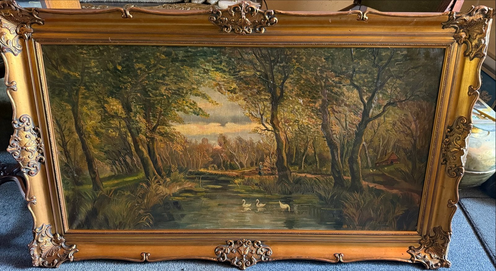 Schilderij Himschoot: Bosgezicht met water en eendjes, Antiek en Kunst, Kunst | Schilderijen | Klassiek, Ophalen, Doek, Realistisch