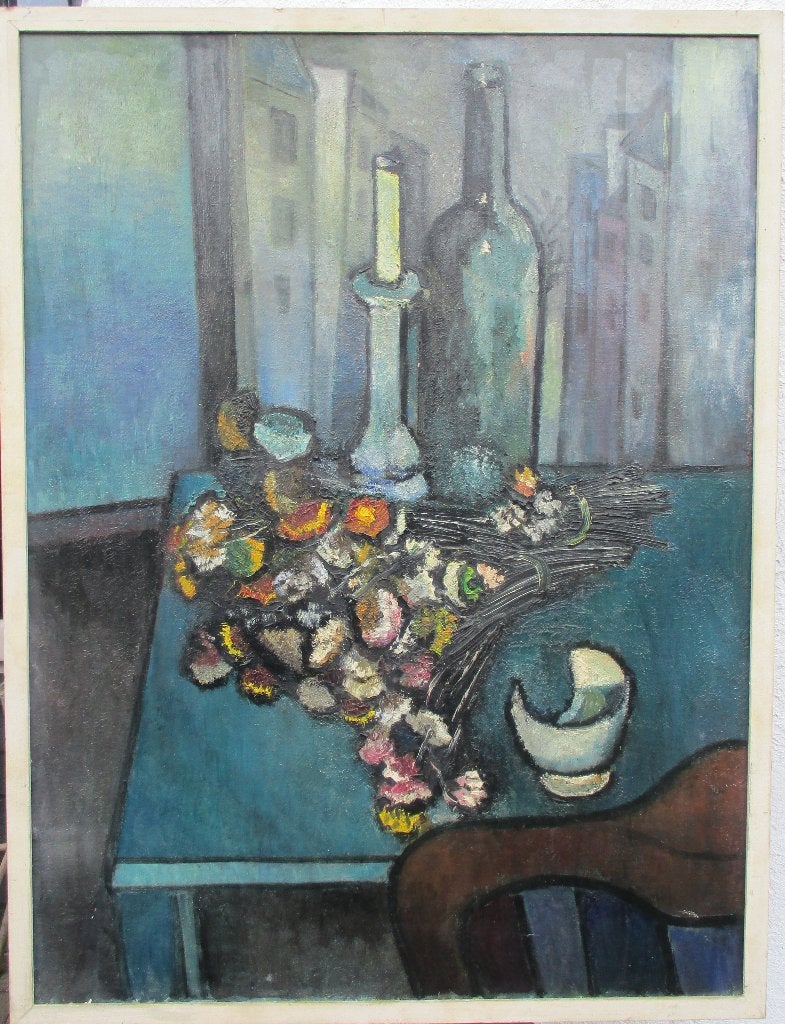 Stilleven met bloemen en fles Alijd Brink ( 1911 - 2002 ), Antiek en Kunst, Ophalen of Verzenden, Gesigneerd, Olieverf, Bloemen