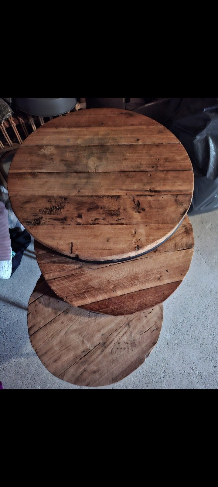 Unieke houten salontafel - 3 ronde bladen, Ophalen, Minder dan 45 cm, Gebruikt, Rond