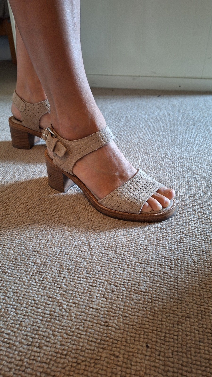 Shabbies, sandalen, maat 38, suede, beige, blokhak, Shabbies Amsterdam, Beige, Gedragen, Sandalen of Muiltjes
