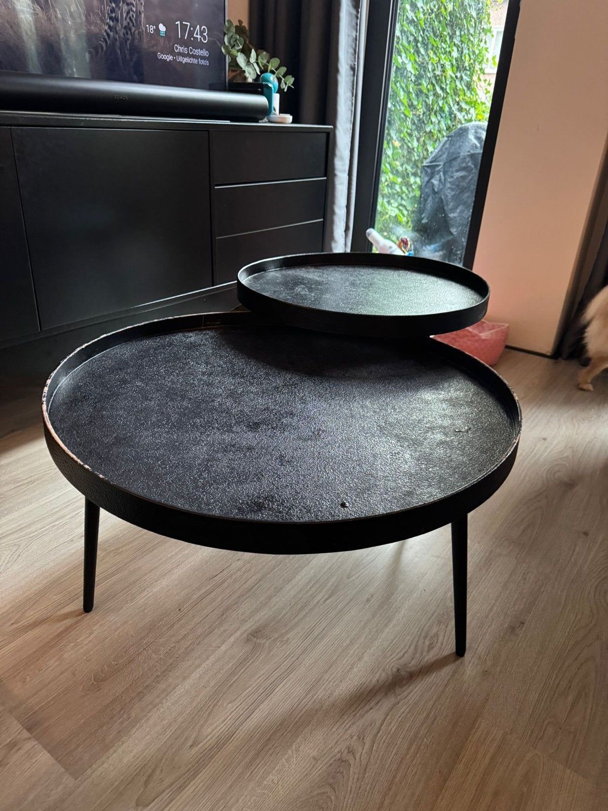 Zwarte salontafels met twee ronde bladen, Gebruikt, Rond, Metaal, 5 – 50