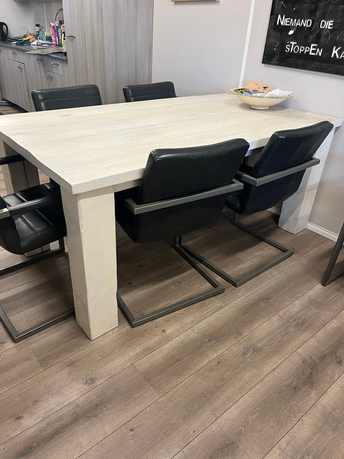 Robuuste eettafel eiken wagondelen Landelijke stijl, Ophalen, Gebruikt, Eikenhout, 50 tot 100 cm