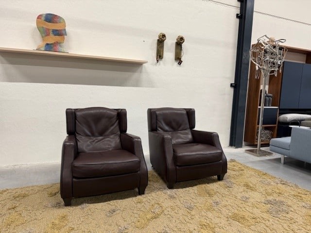 2 Natuzzi Amadeus fauteuils bruin leer design stoel, Gebruikt, Natuzzi, Ophalen of Verzenden, 75 tot 100 cm