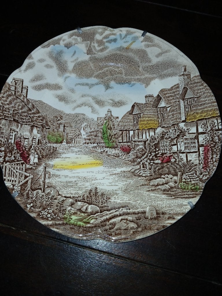 Vintage Johnson Bros decoratief bord met dorpsgezicht, Antiek en Kunst, Antiek | Servies los, Ophalen of Verzenden