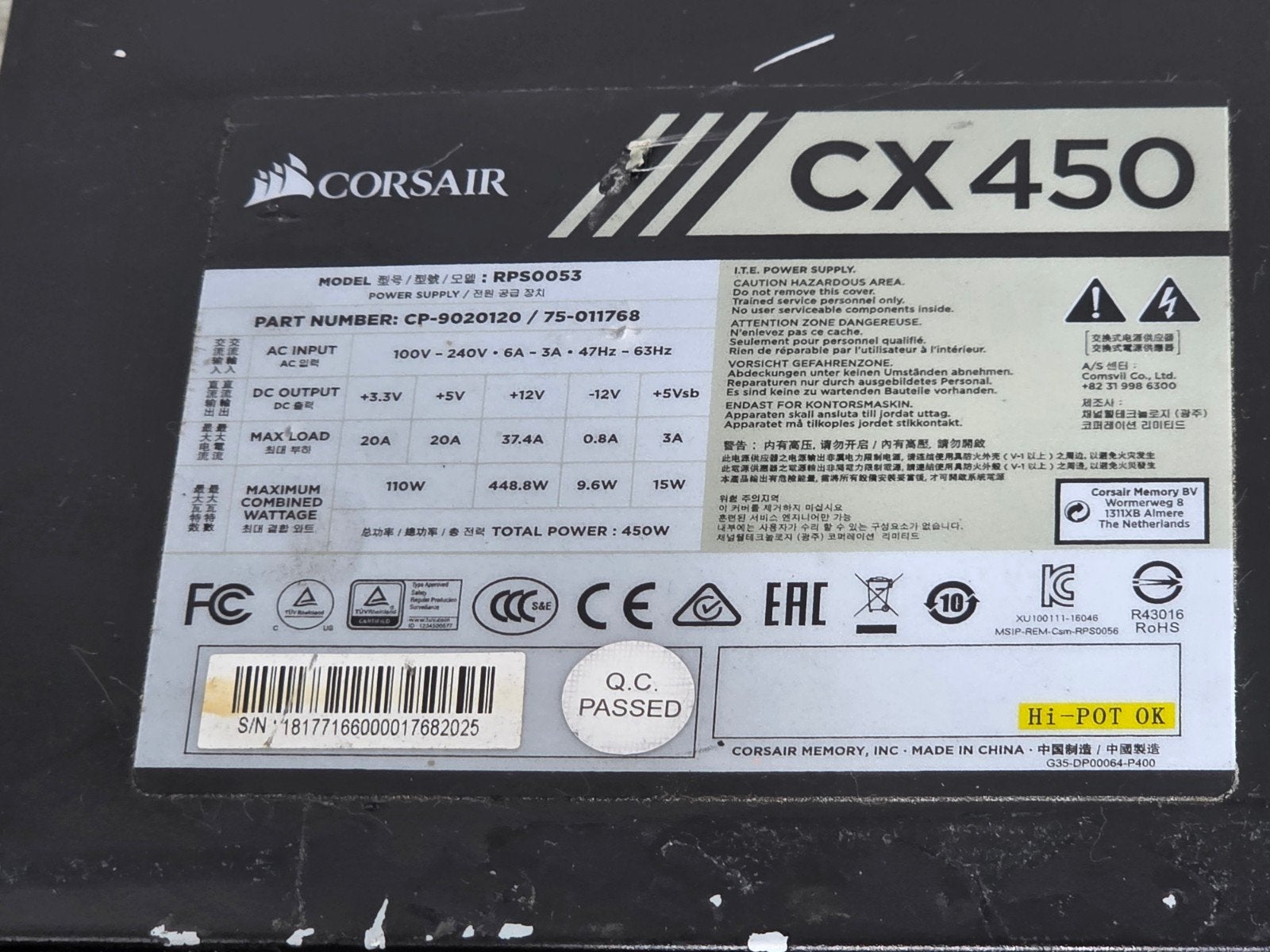 Corsair 450w max voeding psu power supply cx450 rps0053, Gebruikt, ., Ophalen of Verzenden, .