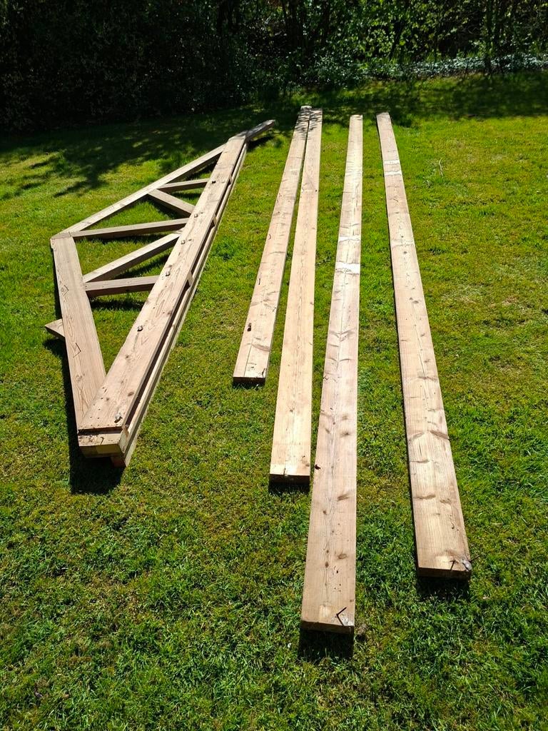 Houten spant met 4 gordingen voor dakconstructie, Doe-het-zelf en Verbouw, Hout en Planken, Ophalen, Gebruikt, 25 tot 50 mm, 300 cm of meer