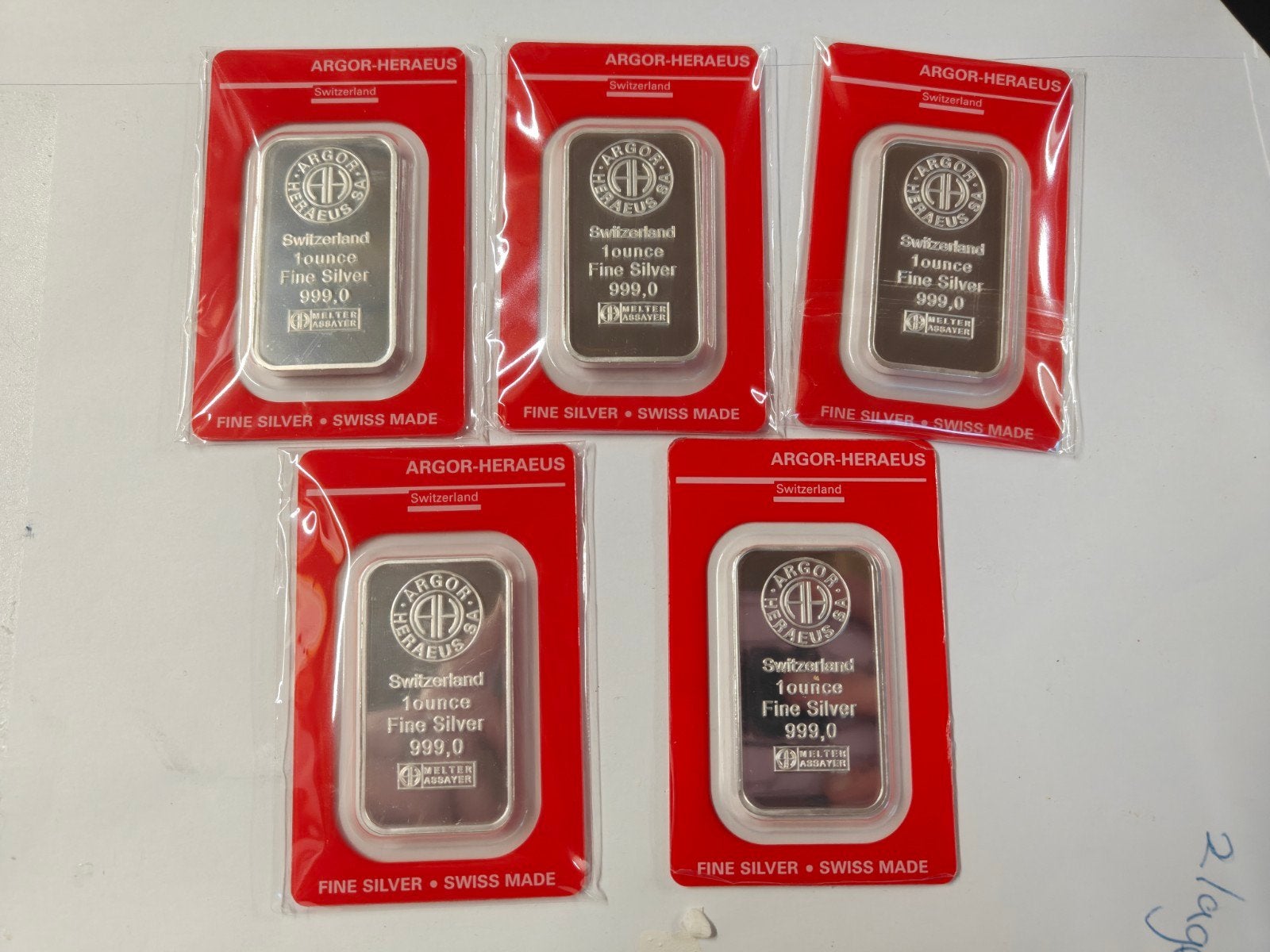 5x Zilveren 1 Ounce Baren - Argor-Heraeus 999.0 Fijn Zilver, Postzegels en Munten, Ophalen of Verzenden, Zilver