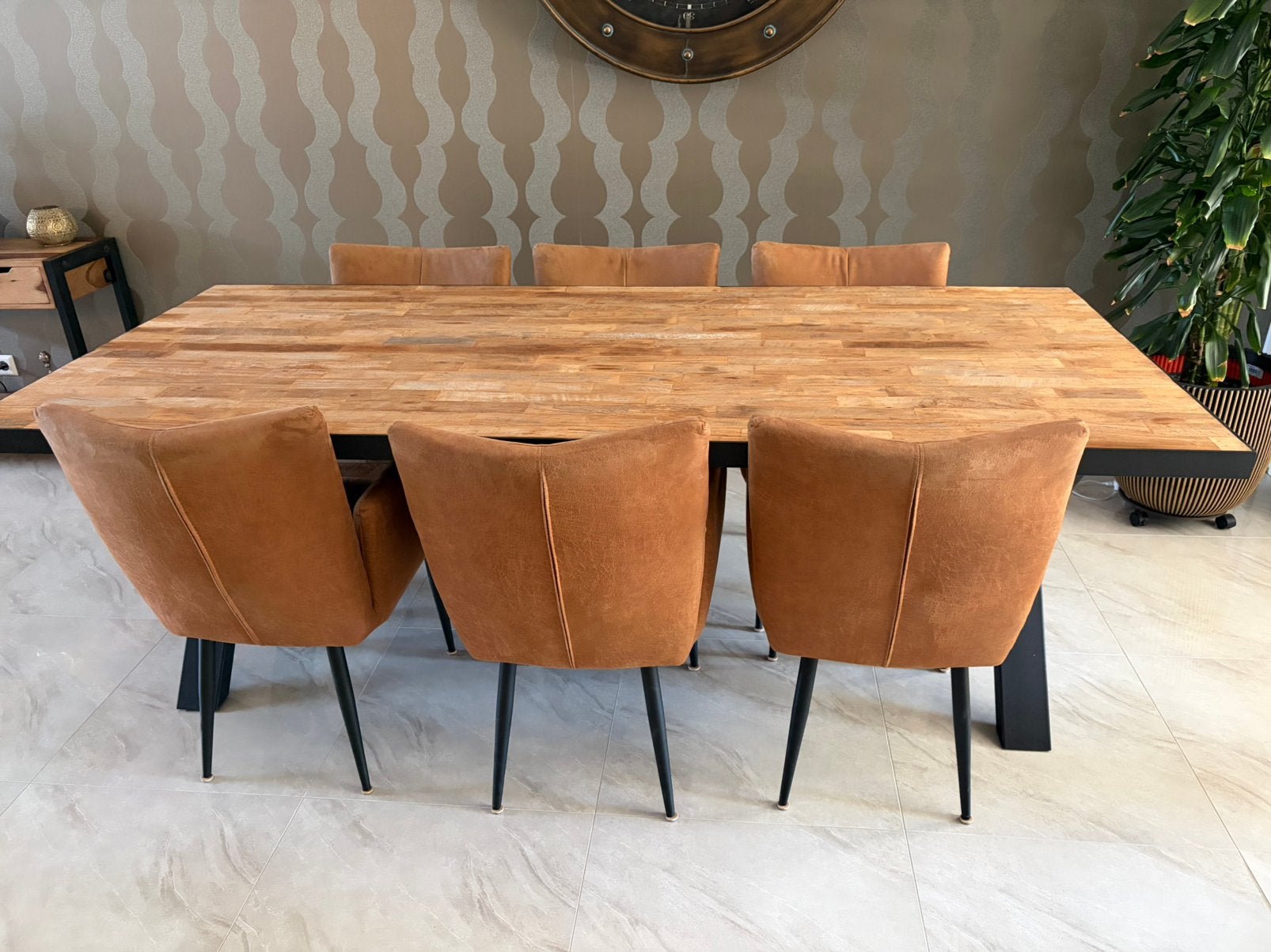 Eetkamertafel hout met 6 stoelen, Huis en Inrichting, Ophalen, 200 cm of meer, 50 tot 100 cm, Zo goed als nieuw