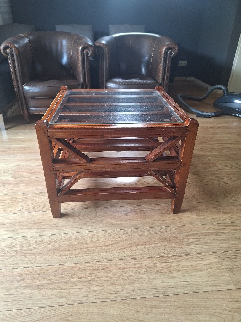 Houten bijzettafel met glazen blad, Gebruikt, Klassiek, Vierkant, 55 tot 75 cm
