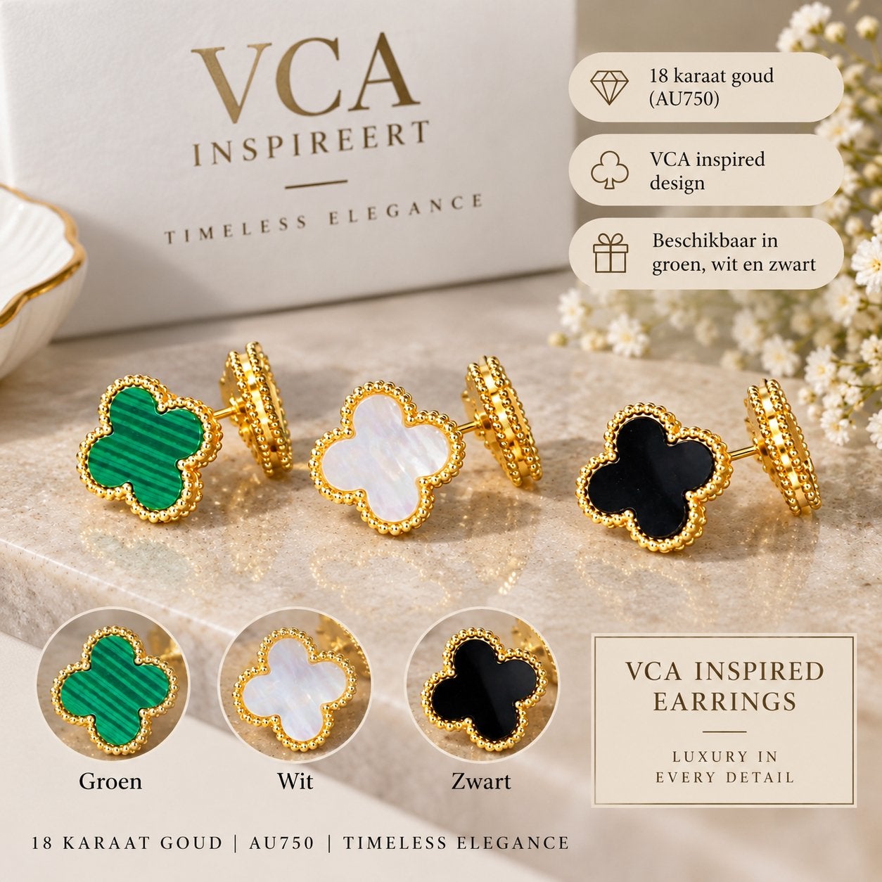 18K Gouden VCA Inspired Oorbellen – AU750 – 3 kleuren, Sieraden, Tassen en Uiterlijk, Ophalen of Verzenden, Nieuw, Goud, Goud