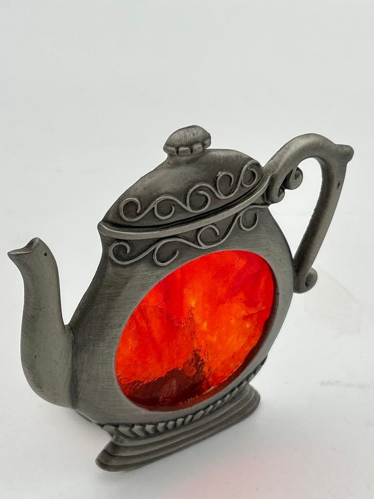 Theepot Kandelaar met Oranje Glas - Sfeervol Licht, Huis en Inrichting, Woonaccessoires | Kandelaars en Kaarsen, Ophalen of Verzenden