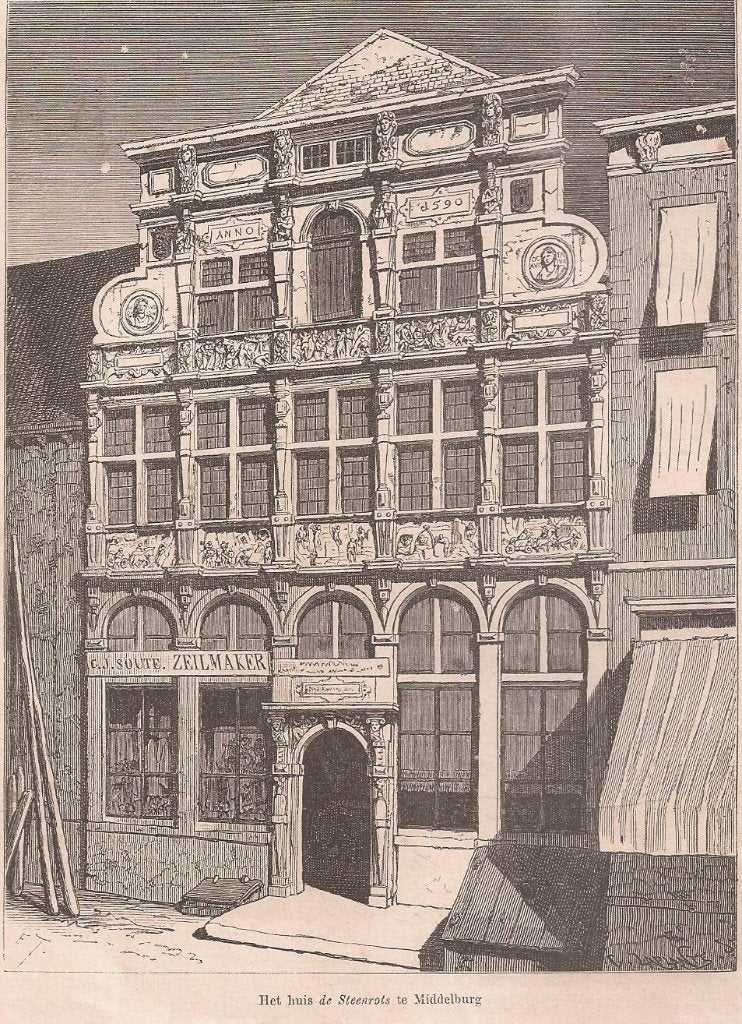 Middelburg Het Huis de Steenrots Houtgravure ca. 1918, Antiek en Kunst, Architectuur, Ophalen of Verzenden, Met tekst, 16 cm