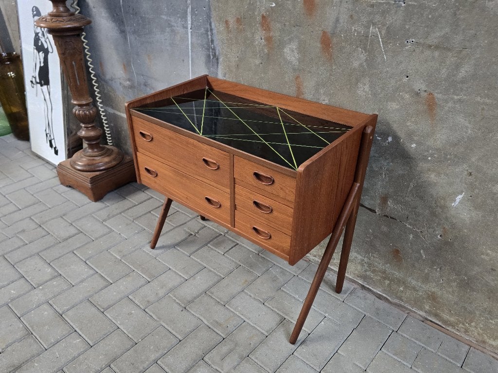 Deens Design Teak Ladekast | Vintage Dressoir Zwart Glas