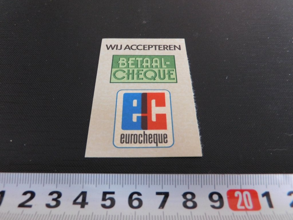 sticker Wij accepteren betaal cheque klein, Verzamelen, Ophalen, Zo goed als nieuw