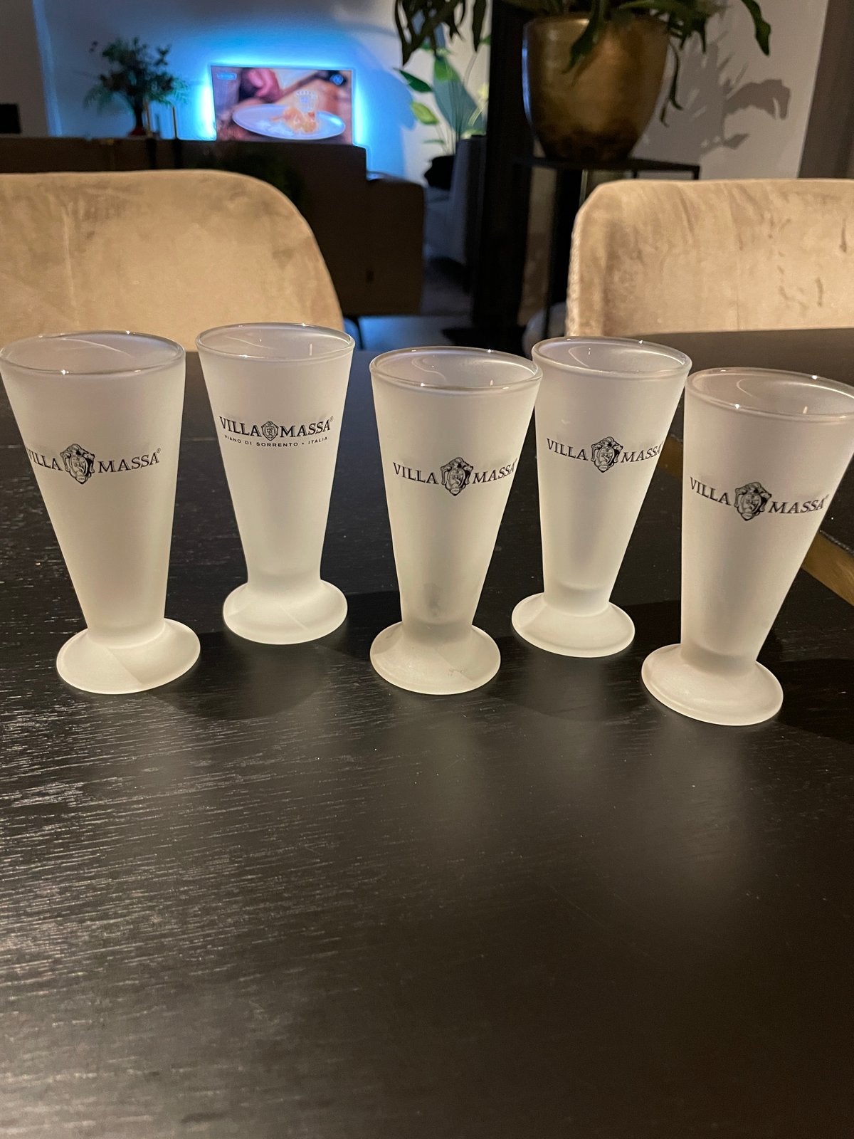 Set van 5 Villa Massa Limoncello glaasjes, Huis en Inrichting, Ophalen of Verzenden, Zo goed als nieuw, Wit, Overige merken