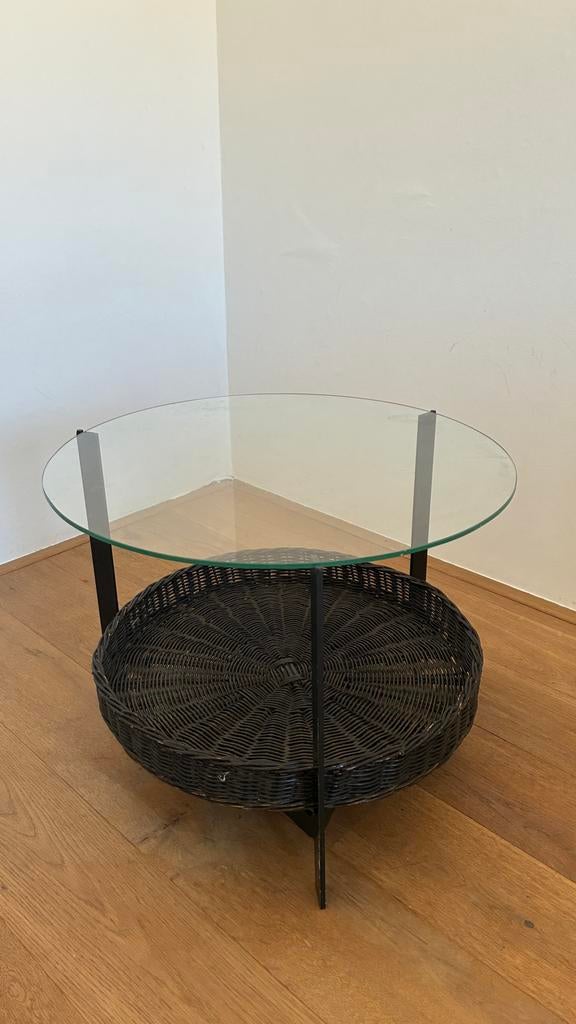 Glazen salontafel met rotan mand - Vintage design, Ophalen, Gebruikt, Rond, 50 tot 100 cm